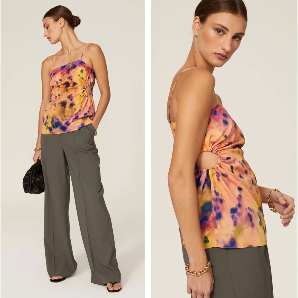 Rokh Tie-Dye Print Square Neckline Gathered Waist Top Blouse Womens Size 40 Us 8